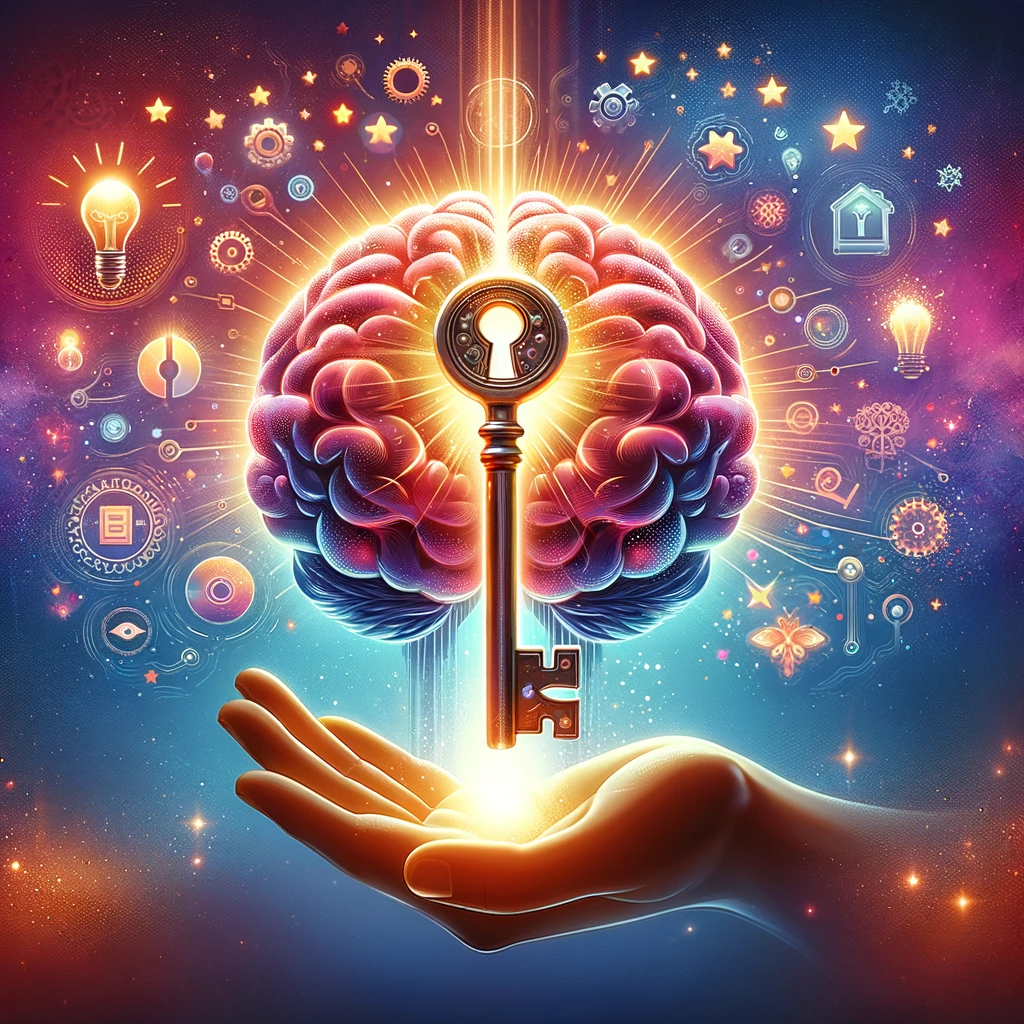 A vibrant image depicting a large, glowing key turning in a lock on a human brain, symbolizing the unlocking of hidden skills. The brain emits light rays and sparkles, suggesting the awakening of new skills and potential. Surrounding the brain are abstract icons such as gears, lightbulbs, and stars, representing various skills and ideas. The background is a mix of soft gradients and futuristic elements, conveying a sense of discovery and personal growth.

An inspiring image featuring a metaphorical representation of unlocking potential with a luminous key engaging with a lock on a human brain. The brain is illuminated, radiating light and sparkles, indicative of activating unseen skills and abilities. Encircling the brain are symbols like gears, lightbulbs, and stars, each denoting different skills and creative thoughts. The background blends vibrant colors and modern, futuristic designs, emphasizing the theme of self-discovery and enhancement of hidden talents.