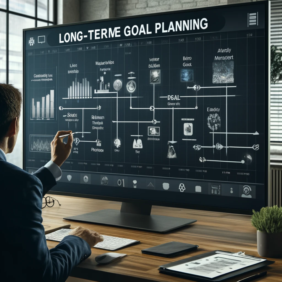 Professional engaging with a long-term goal planning tool on a large digital screen, displaying a detailed timeline and milestones for career progression, in a modern, organized office setup.