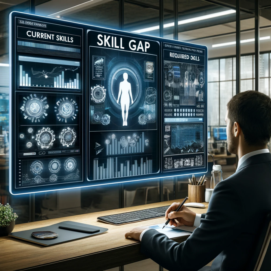 Professional assessing a skill gap on a digital display, which shows a detailed comparison between current skills and required skills for a desired job role, in a modern, high-tech office.