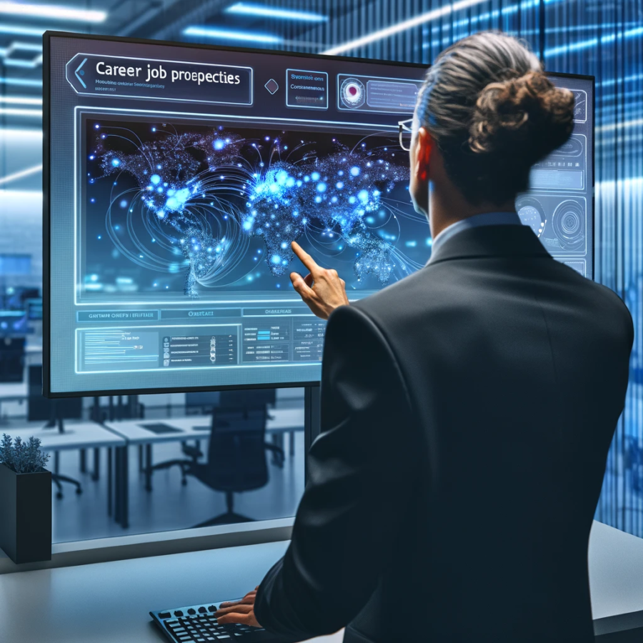 Professional examining future job prospects on a digital interface displaying a dynamic map of career trajectories with real-time data and predictive analytics, in a sleek, futuristic office.
