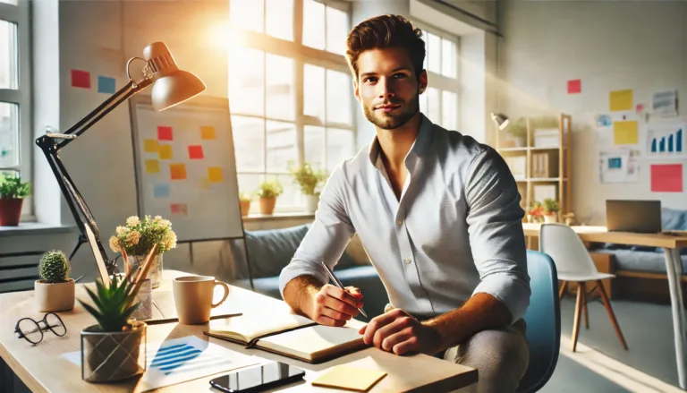 Confident professional man sitting at a desk, smiling while writing, symbolizing career development and success.